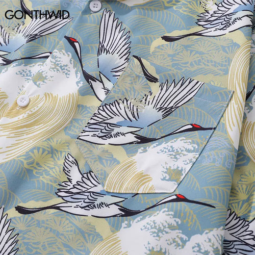 Load image into Gallery viewer, Harajuku Japanese Crane Graphic Print Shirts Y2K Men Summer Button Up Short Sleeve Blouse 2024 Hip Hop Casual Loose Tops Shirt
