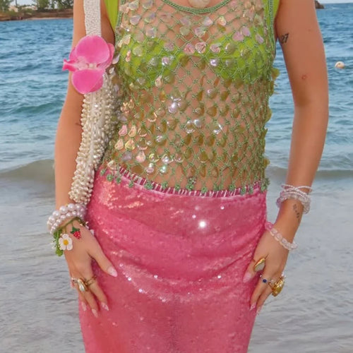 Load image into Gallery viewer, Sequin Summer Beach Sexy Skirt Women Elegant Sparkle High Waist A-line Skirts Female Pink Vacation Club Party Skirt
