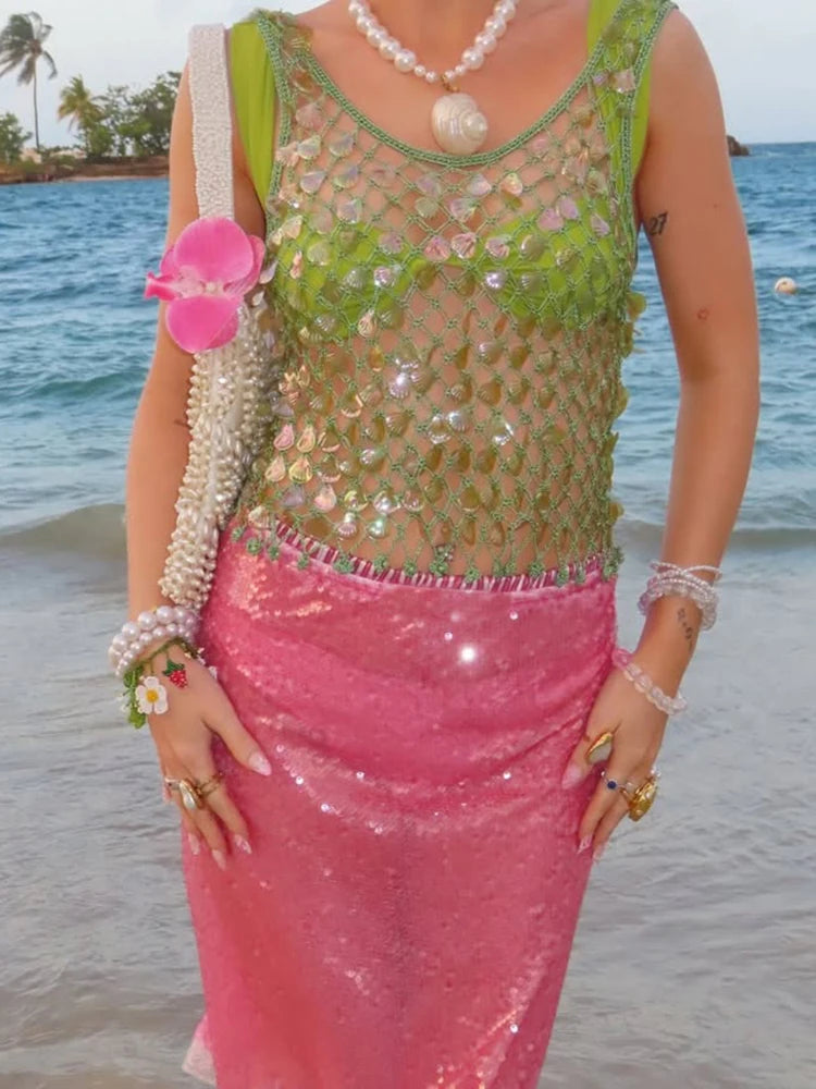 Sequin Summer Beach Sexy Skirt Women Elegant Sparkle High Waist A-line Skirts Female Pink Vacation Club Party Skirt