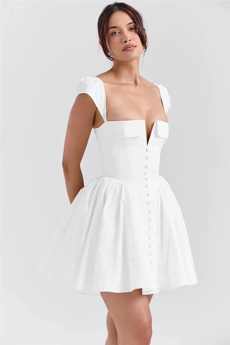 White Backless Sexy Mini Dress For Women Fashion Square Collar Short Sleeve High Waist A-line Club Party Sexy Dress