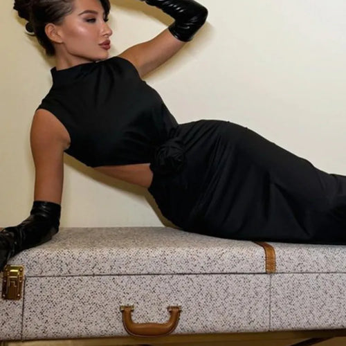 Load image into Gallery viewer, Elegant Sleeveless 3D Flower Bodycon Women Party Evening Dress New Solid Color Half High Collar Backless Sexy Vestido
