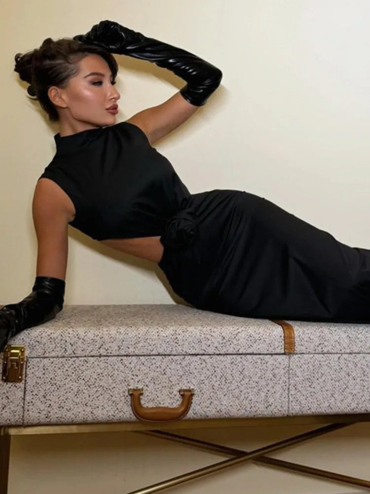 Elegant Sleeveless 3D Flower Bodycon Women Party Evening Dress New Solid Color Half High Collar Backless Sexy Vestido