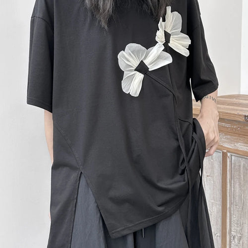 Load image into Gallery viewer, Women Black Flower Ruffles Big Size Irregular T-shirt New Round Neck Short Sleeve Fashion Tide Spring Summer 2025 1DF9643
