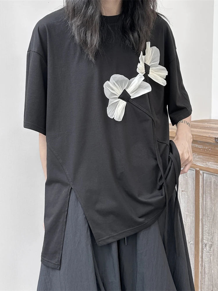 Women Black Flower Ruffles Big Size Irregular T-shirt New Round Neck Short Sleeve Fashion Tide Spring Summer 2025 1DF9643