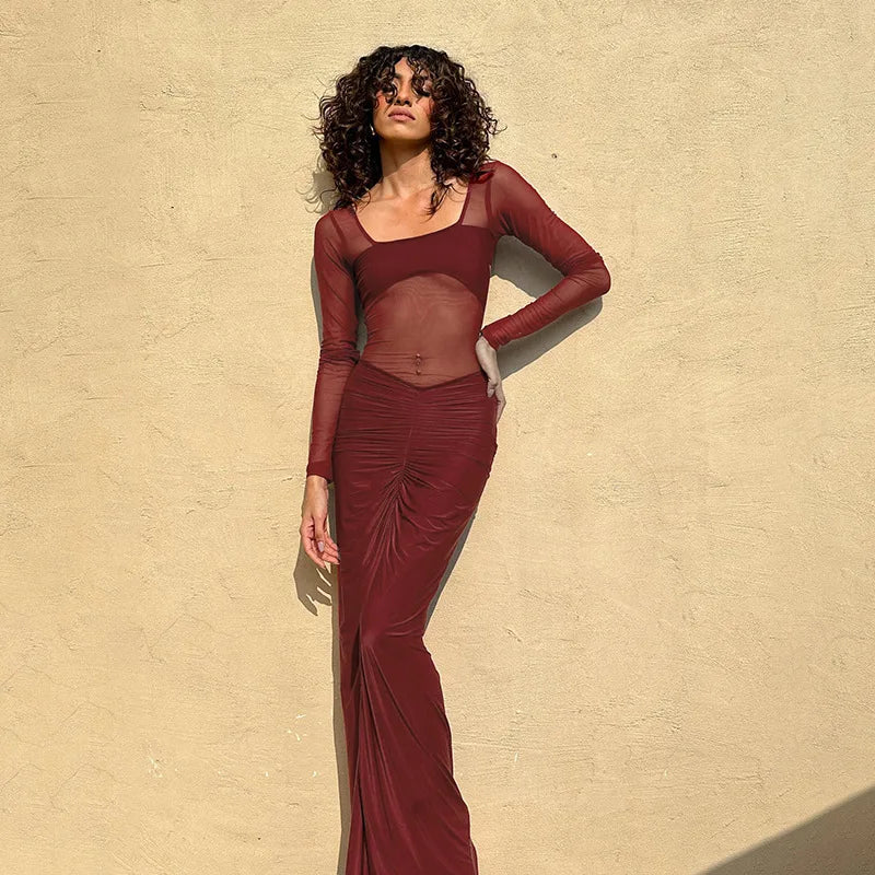 See Through Mesh Sexy Maxi Dress For Women Fashion Square Collar Long Sleeve Ruched Bodycon Club Party Long Dress