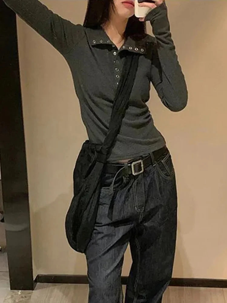 Women's Y2K Knitted Sweater Long Sleeve Slim Fit Pullover Top for Autumn Winter Versatile Bottoming Layer All Match Design