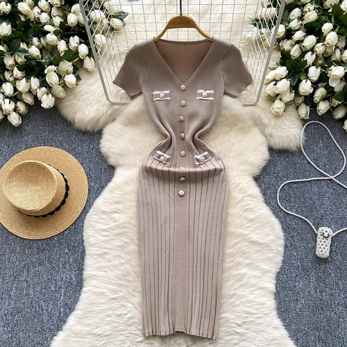 Load image into Gallery viewer, Korean Fashion Women's Solid V Neck Elegant Slim Short Sleeved Dress Summer Single Breasted Office Lady Holiday Knitted Dresses

