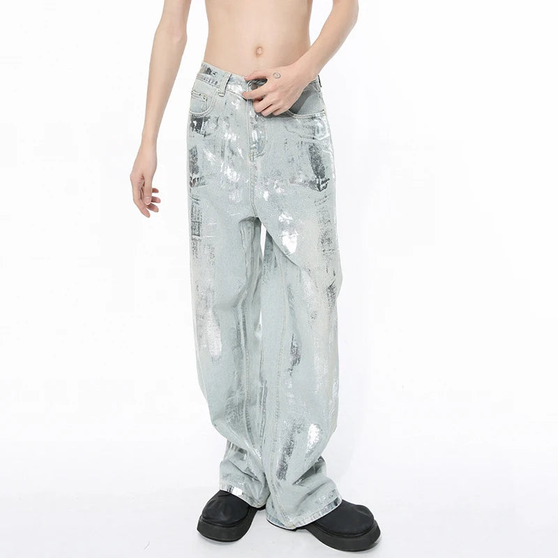 Men Clothing Spring New Jeans American High Street Hip Hop Hand Brushed Silver Male Straight Pants Loose Spring 9C5098