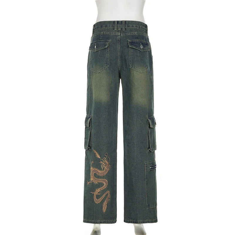 Grunge Fairycore Cargo Pants Denim Y2K Aesthetic Chic Dragon Embroidery Women Jeans Baggy Distressed Chic Trousers