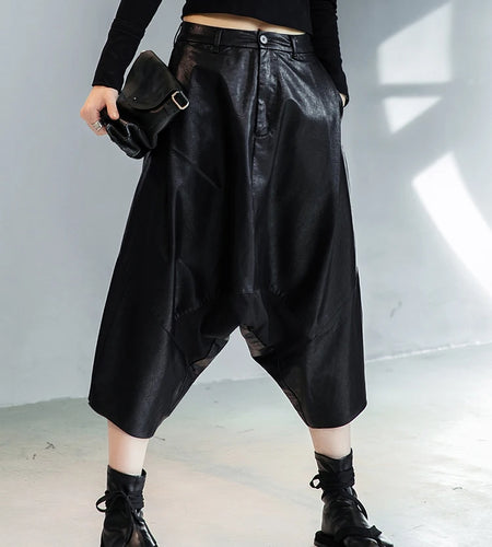 High Elastic Waist Black Leather Long Harem Trousers New Loose Fit Pants Women Fashion Tide Spring Autumn 2025 1DE3072