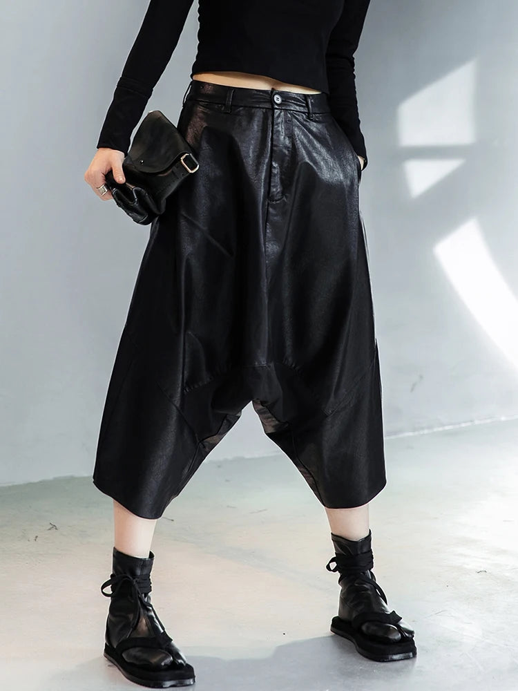 High Elastic Waist Black Leather Long Harem Trousers New Loose Fit Pants Women Fashion Tide Spring Autumn 2025 1DE3072