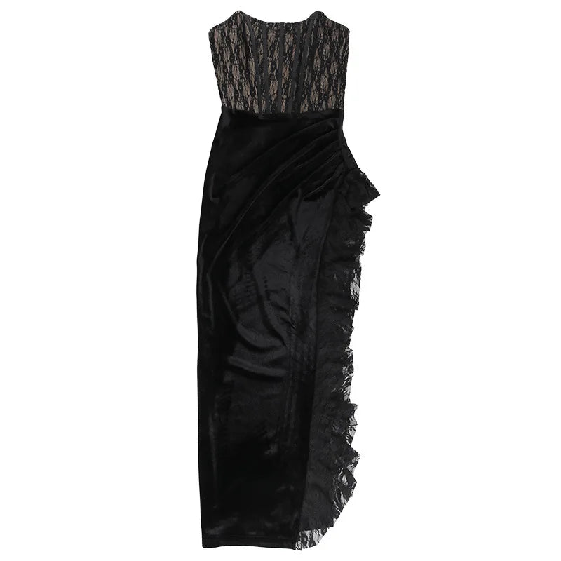 Elegant Lace Strapless Maxi Dress For Women Fashion Black Sleeveless Backless Bodycon Club Party Sexy Long Dress