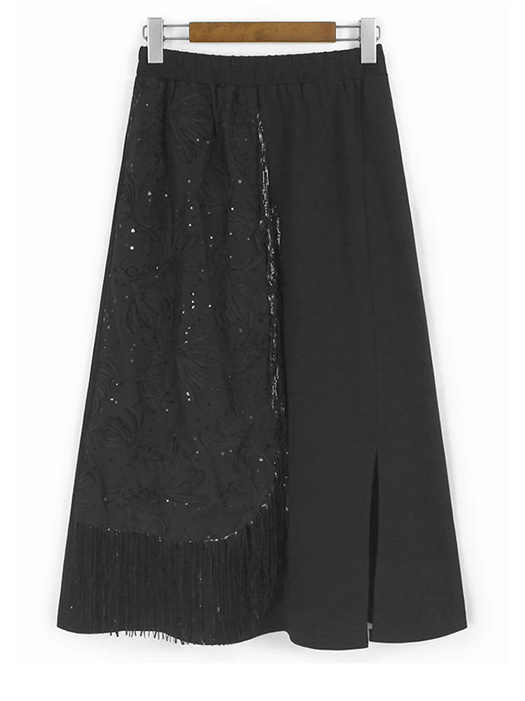 Black Sequins Vest Half-body Skirt Two Pieces Suit New Lapel Sleeveless Women Fashion Tide Spring Autumn 2025 1DJ1103