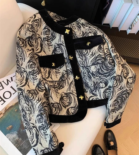 2024 Spring Autumn Women's Black Print Patchwork Long Sleeve Coat Top New Retro Round Neck Single Breasted Cardigan Short Jacket