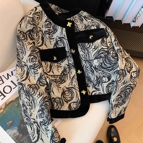 Load image into Gallery viewer, 2024 Spring Autumn Women&#39;s Black Print Patchwork Long Sleeve Coat Top New Retro Round Neck Single Breasted Cardigan Short Jacket
