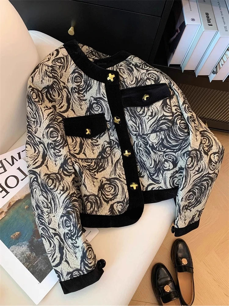 2024 Spring Autumn Women's Black Print Patchwork Long Sleeve Coat Top New Retro Round Neck Single Breasted Cardigan Short Jacket