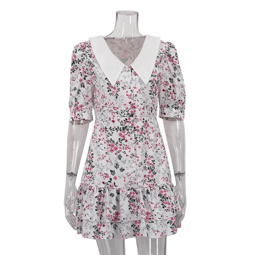Load image into Gallery viewer, Short Sleeve Floral Mini Dress For Women Robe Turn-down Collar Elegant French Dress Ladies Fashion High Waist Dresses
