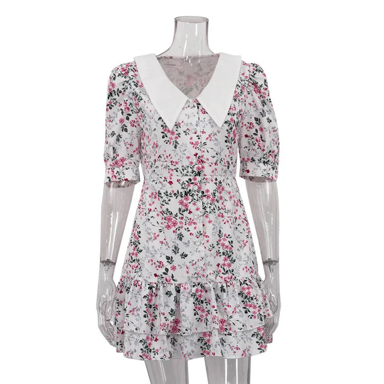 Short Sleeve Floral Mini Dress For Women Robe Turn-down Collar Elegant French Dress Ladies Fashion High Waist Dresses