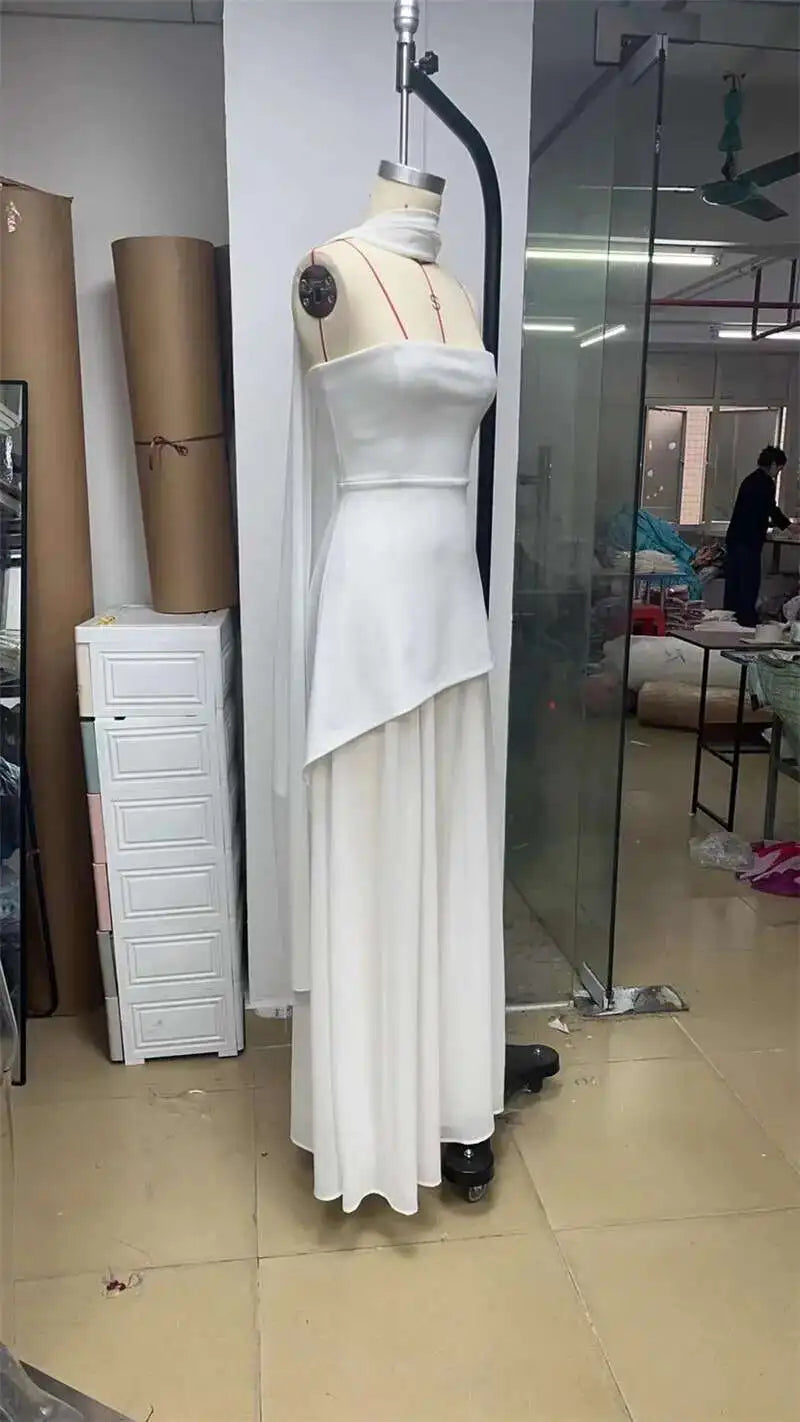 Elegant Strapless Sexy Maxi Dress For Women Gown With Scarf Off-shoulder Sleeveless Backless Split Beach Long Dress