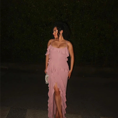 Load image into Gallery viewer, Elegant Ruffle Sexy Maxi Dress Women Spaghetti Strap Flower Sleeveless Backless High Split Club Party Evening Dress
