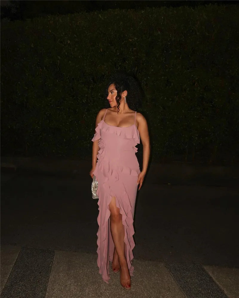 Elegant Ruffle Sexy Maxi Dress Women Spaghetti Strap Flower Sleeveless Backless High Split Club Party Evening Dress