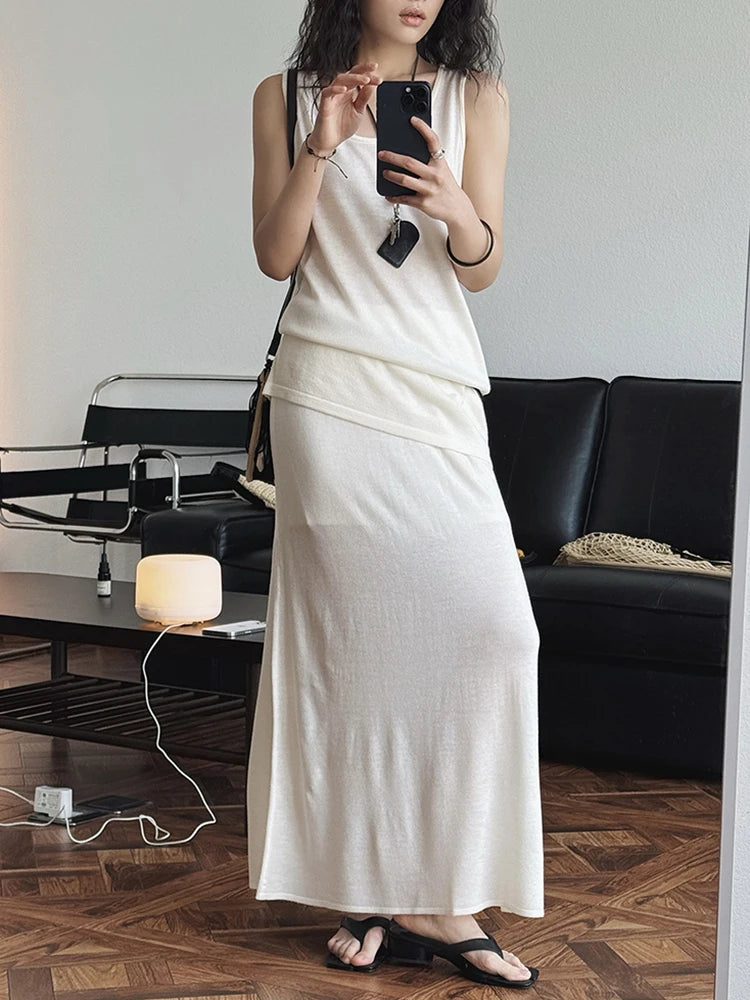 Knitting Vest Half-body Skirt Two Pieces Suit New Round Neck Sleeveless Women Fashion Tide Spring Autumn 2025 1DJ1005