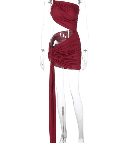 Halter One Shoulder Solid Hollow Out Ruched Shirring Sexy Slim Mini Dress Summer Women Fashion Outfits Party Holiday