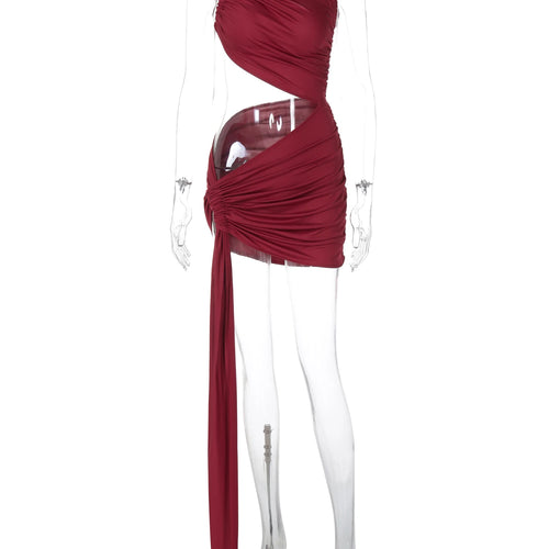 Load image into Gallery viewer, Halter One Shoulder Solid Hollow Out Ruched Shirring Sexy Slim Mini Dress Summer Women Fashion Outfits Party Holiday
