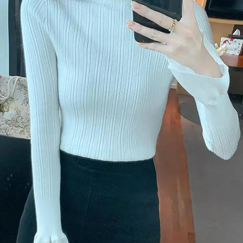 Load image into Gallery viewer, Spring Autumn Korean Black Half High Neck Elegant Slim Long Sleeve Short Top Women White Versatile Knit Sweater Fashion Popular
