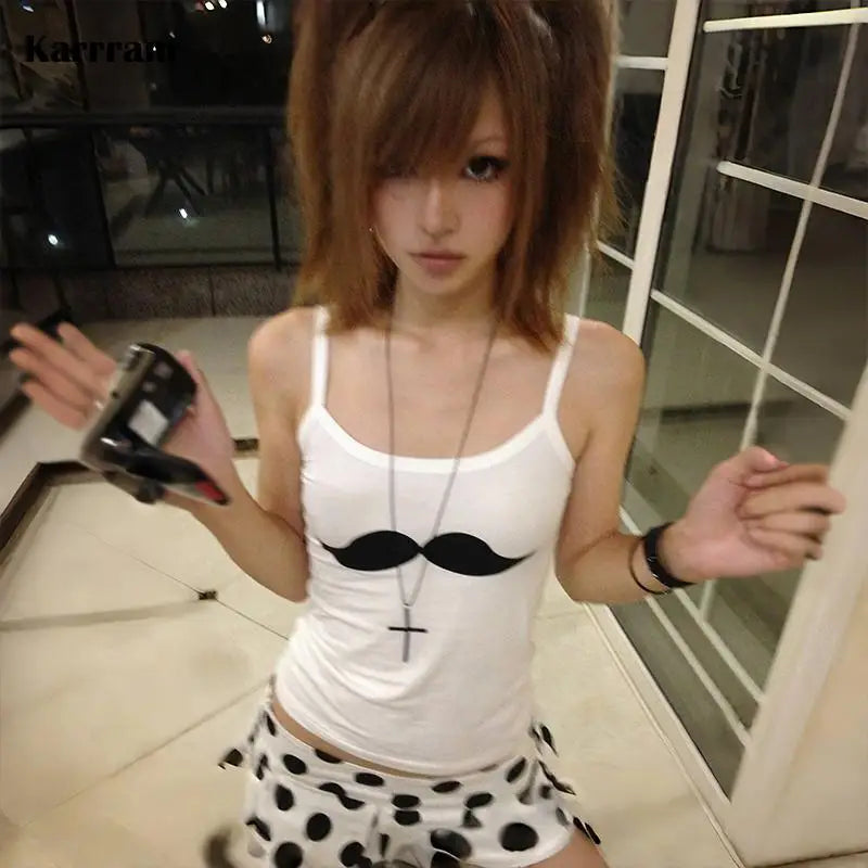 Japanese Y2k Beard Print Tank Top Trashy 2000s Style White Camisole Vintage Harajuku Cami Tops American Retro Crop Top
