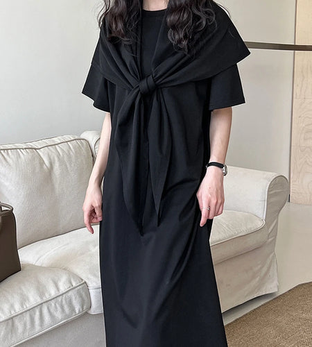 Women White Bandage Irregular Big Size Midi Dress New Round Neck Short Sleeve Fashion Tide Spring Summer 2025 1DJ1263