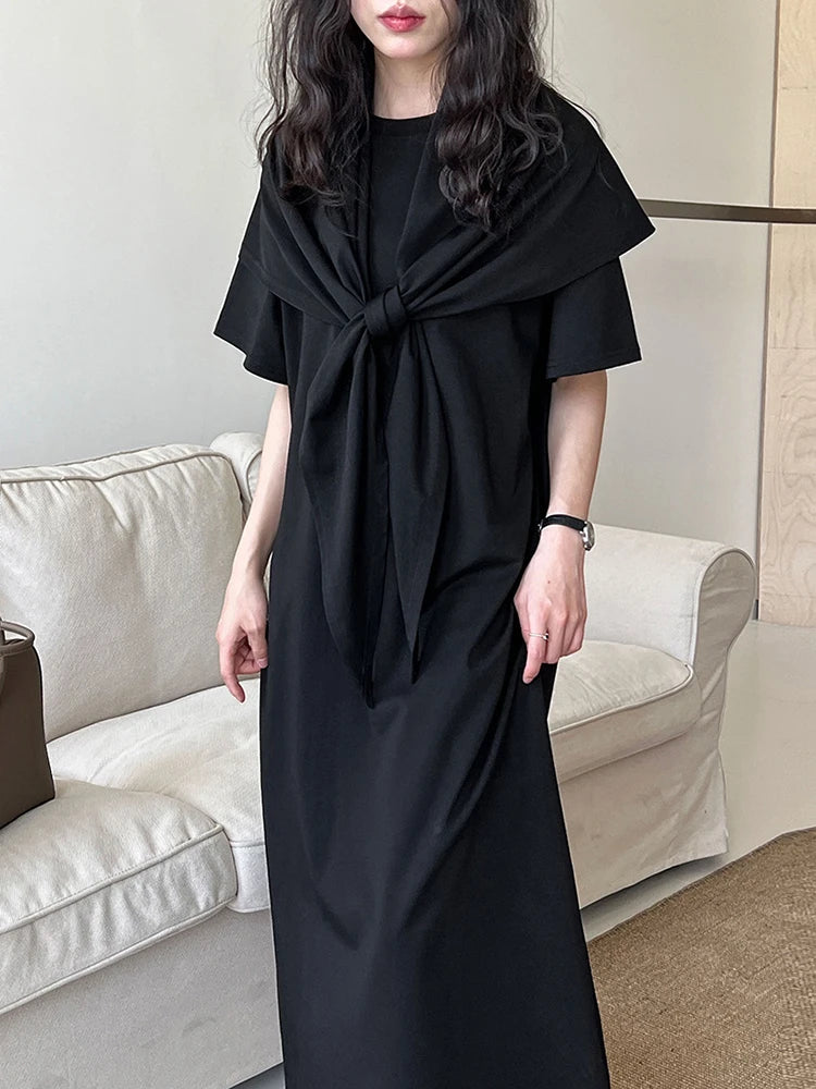 Women White Bandage Irregular Big Size Midi Dress New Round Neck Short Sleeve Fashion Tide Spring Summer 2025 1DJ1263