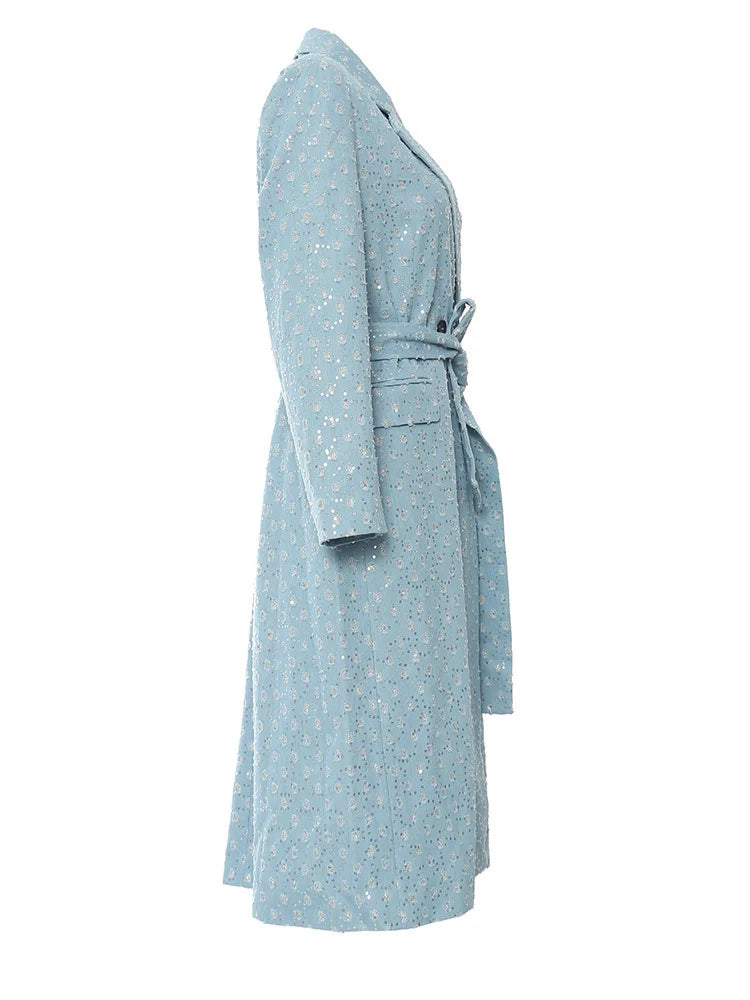 Women Blue Denim Sequins Big Size Thick Long Blazer New Lapel Long Sleeve Jacket Fashion Tide Spring Autumn 2025 1DH7153