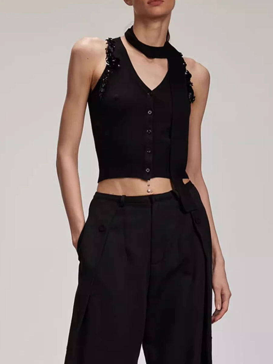 Solid Spliced Button Slimming Vests For Women V Neck Sleeveless Temperament Short Vest Female Fashion Style Clothes