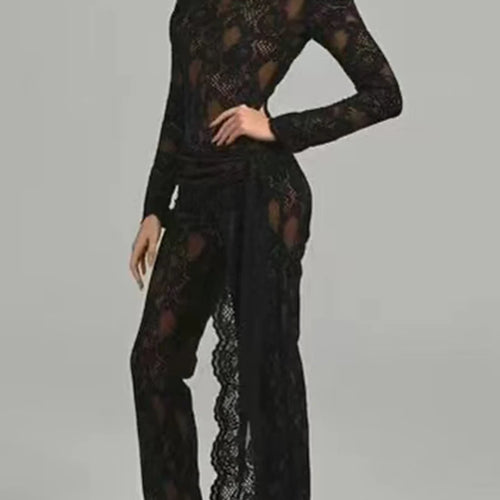 Load image into Gallery viewer, Solid Spliced Lace Up Lace Jumpsuits For Women O Neck Long Sleeve High Waist Temperament Jumposuit Female Fashion
