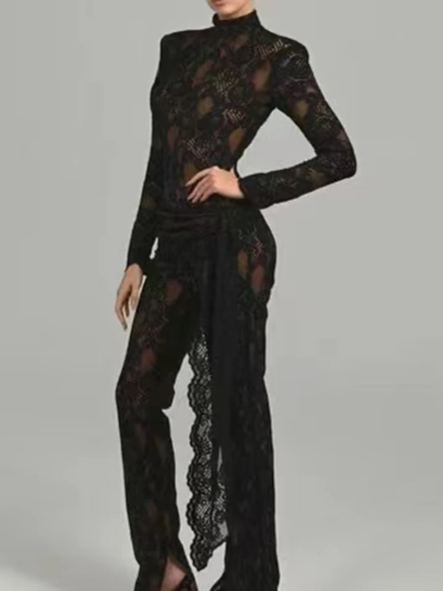 Solid Spliced Lace Up Lace Jumpsuits For Women O Neck Long Sleeve High Waist Temperament Jumposuit Female Fashion