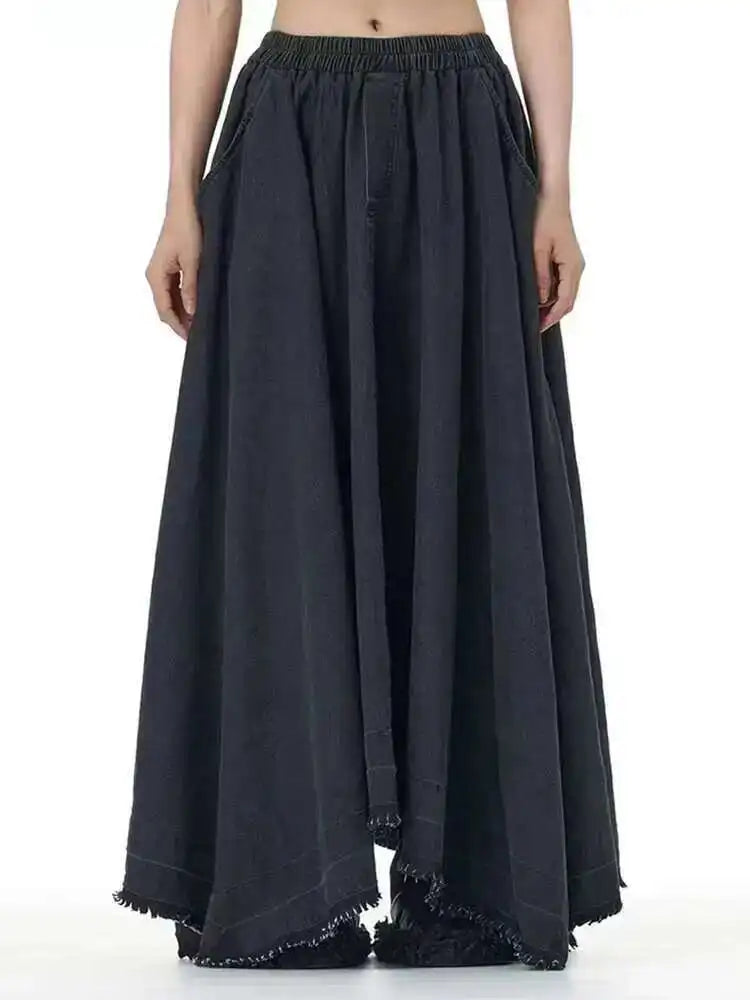 High Elastic Waist Black Denim Irregular Burr Denim Long Half-body Skirt Women Fashion Tide New Spring Autumn 2025 1DH8220