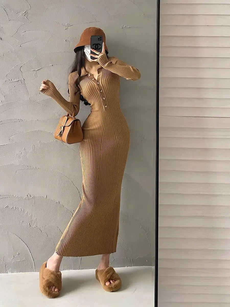 Elegant Party Dresses For Women 2023 Dress Autumn Winter Stretchy Long Sleeved Slim Vintage Basic Knit Dress Y2k