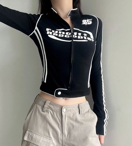 Harajuku Stripe Stitched Fitness Autumn T-shirt Jacket Zip Up Letter Print Casual Moto&Biker Style Women Top Outwear