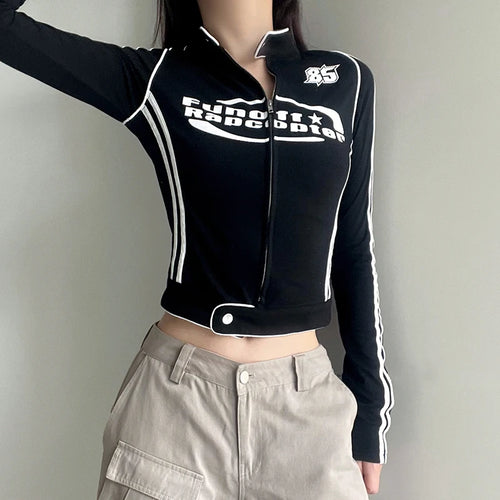 Load image into Gallery viewer, Harajuku Stripe Stitched Fitness Autumn T-shirt Jacket Zip Up Letter Print Casual Moto&amp;Biker Style Women Top Outwear
