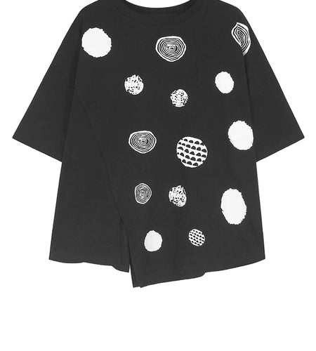 Women Black Dot Printed Irregular Big Size T-shirt New Round Neck Short Sleeve Fashion Tide Spring Summer 2025 1DH9970