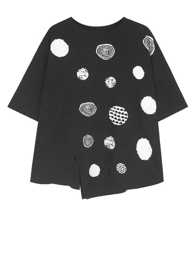 Women Black Dot Printed Irregular Big Size T-shirt New Round Neck Short Sleeve Fashion Tide Spring Summer 2025 1DH9970