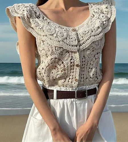 Crochet Crop Top Women Summer Clothes Cutout V Neck Fly Sleeve Buttons T Shirt Vest y2k Clothing Beach Streetwear
