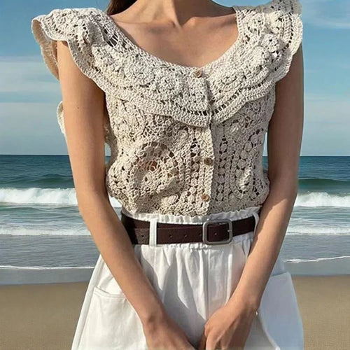 Load image into Gallery viewer, Crochet Crop Top Women Summer Clothes Cutout V Neck Fly Sleeve Buttons T Shirt Vest y2k Clothing Beach Streetwear
