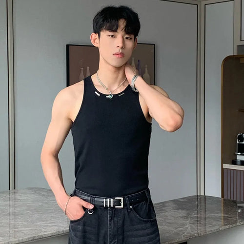 Load image into Gallery viewer, Men&#39;s Tank Tops Metal Design Round Collar Sleeveless Solid Color Casual Male T-shirts Korean Style Summer 9C6775
