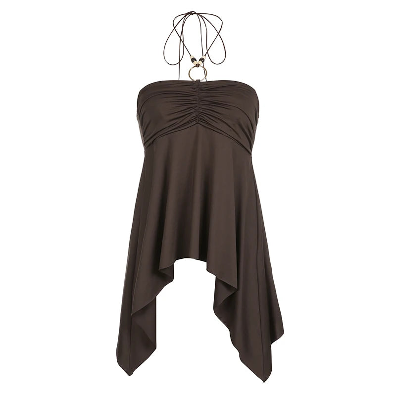 Vintage Brown Folds Halter Top Camisole Irregular Hem Fashion Y2K Ruched Sexy Party Tops Female Ring Off Shoulder Hot