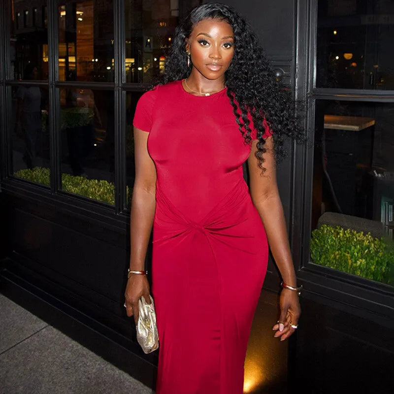 Short Sleeve Ruched Sexy Maxi Dress For Women Fashion Summer New Solid High Waist Slim Fit Elegant Long Dress Vestido