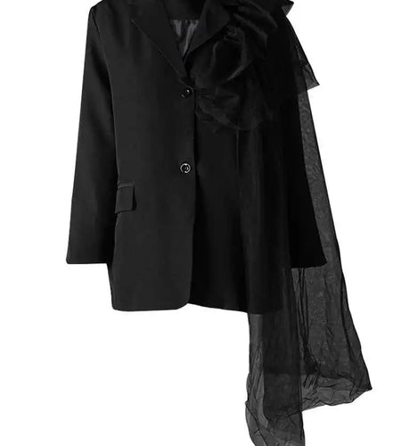 Women Black Irregular Mesh Ruffles Big Size Blazer New Lapel Long Sleeve Jacket Fashion Tide Spring Autumn 2025 CP3519
