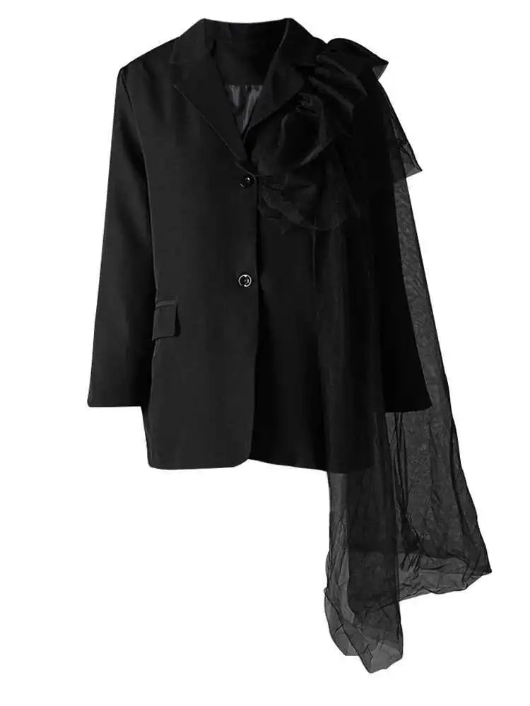 Women Black Irregular Mesh Ruffles Big Size Blazer New Lapel Long Sleeve Jacket Fashion Tide Spring Autumn 2025 CP3519