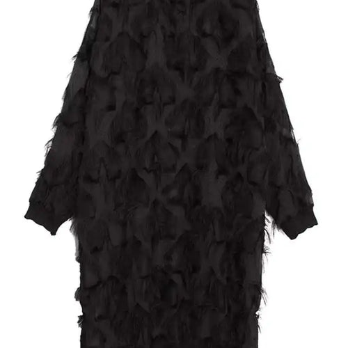 Load image into Gallery viewer, Spring Autumn Stand Collar Long Sleeve Perspective Black Loose Tassels Big Size Dress Women Fashion Tide JI780
